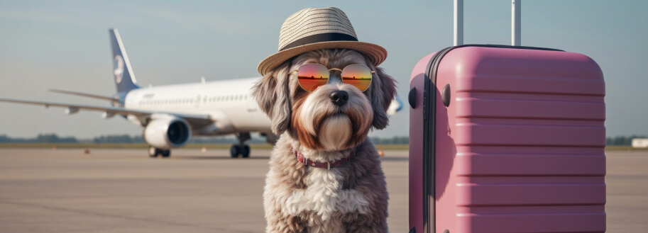 болонка в шляпе и очках, с розовым чемоданом на колесиках рядом с самолетом